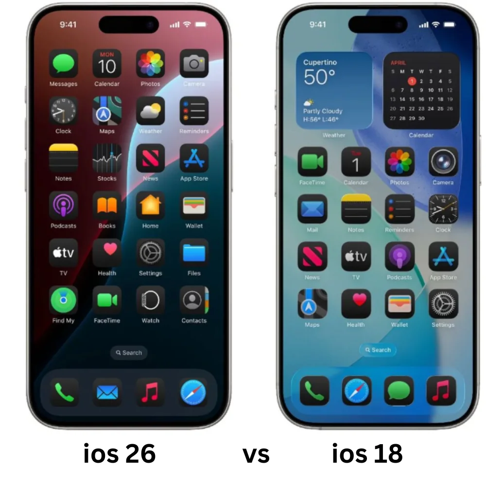 Comparing iOS 18 security update with iOS 26 AI interface on two iPhones