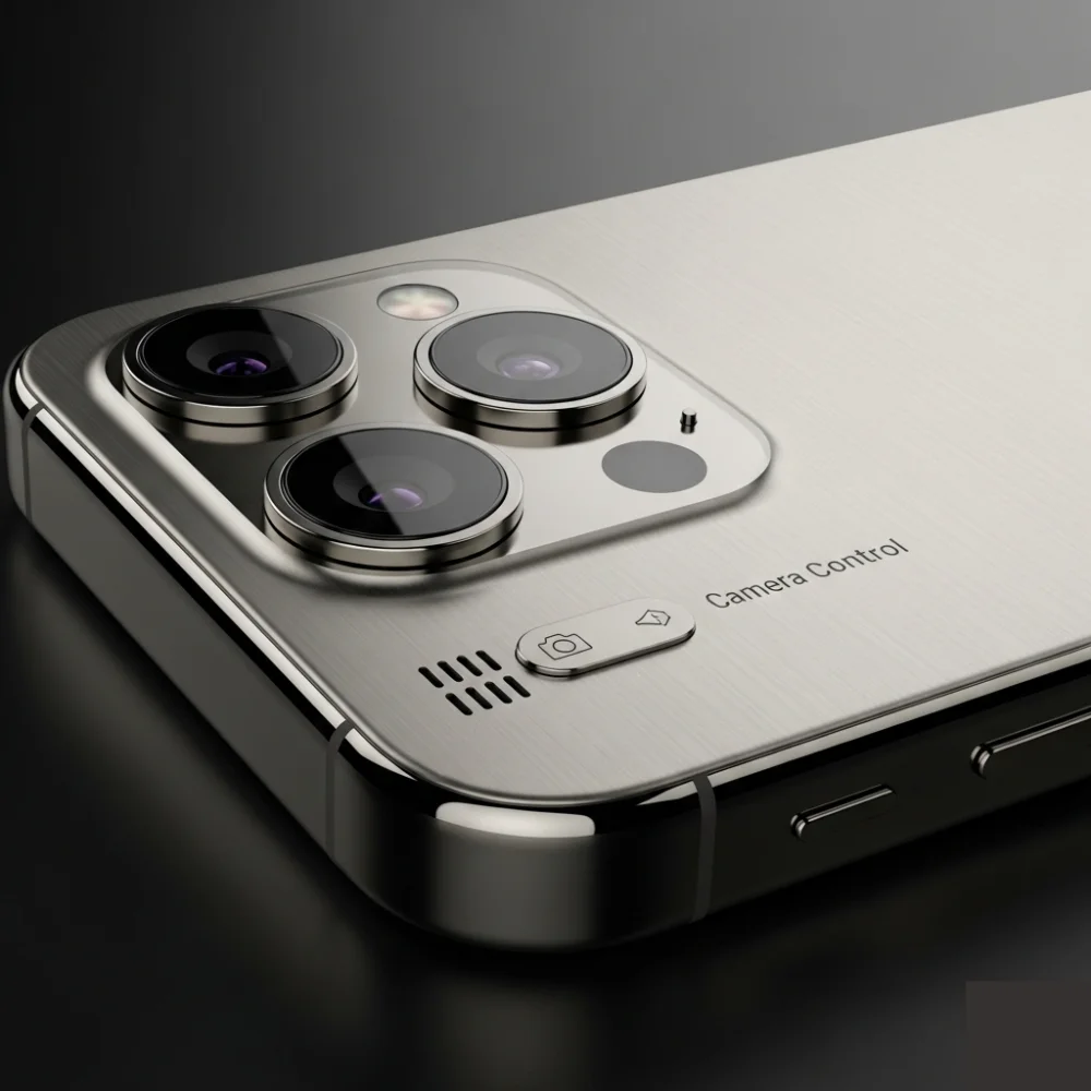 iPhone 16 Pro rear camera showing 48 MP wide, ultra-wide, and 5× telephoto lenses with Camera Control button.
