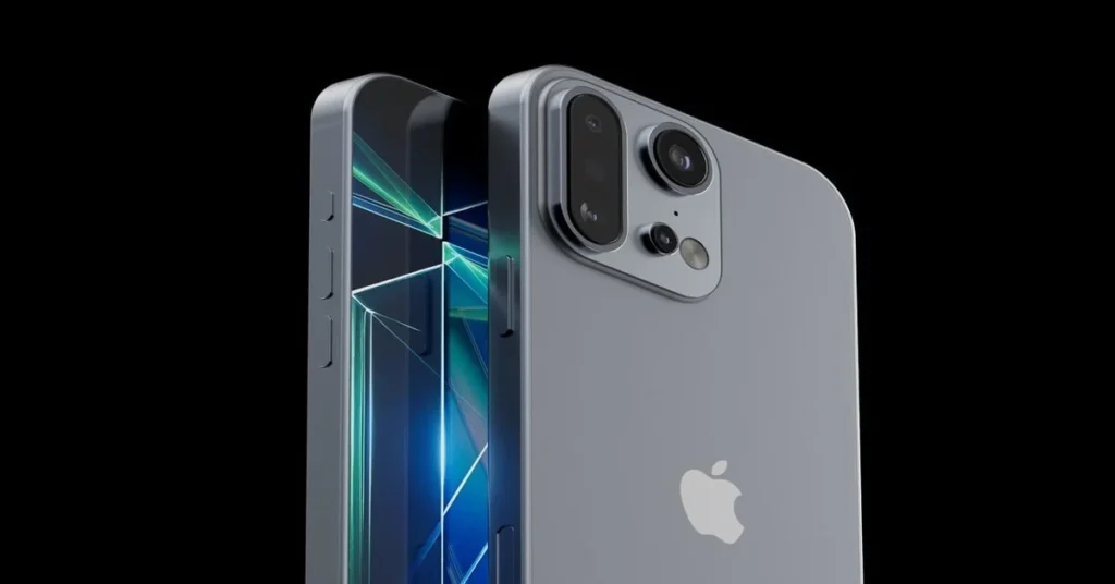 Close-up render of the iPhone 17 showcasing a sleek metallic design, flat edges, dual-camera module, and a vibrant angular display graphic against a black background.