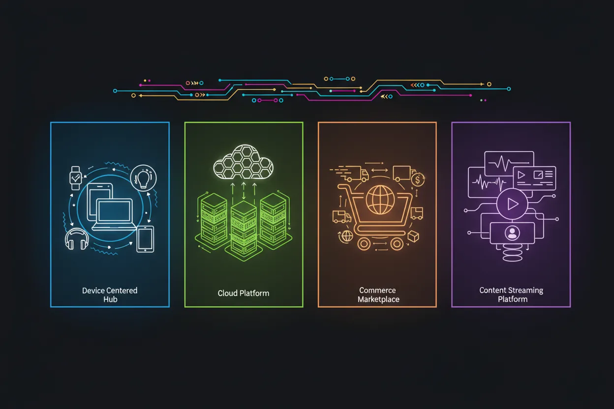 Flat illustration of four tech ecosystem types — device-centered, cloud platform, commerce marketplace, and content streaming — all unified by a shared identity layer