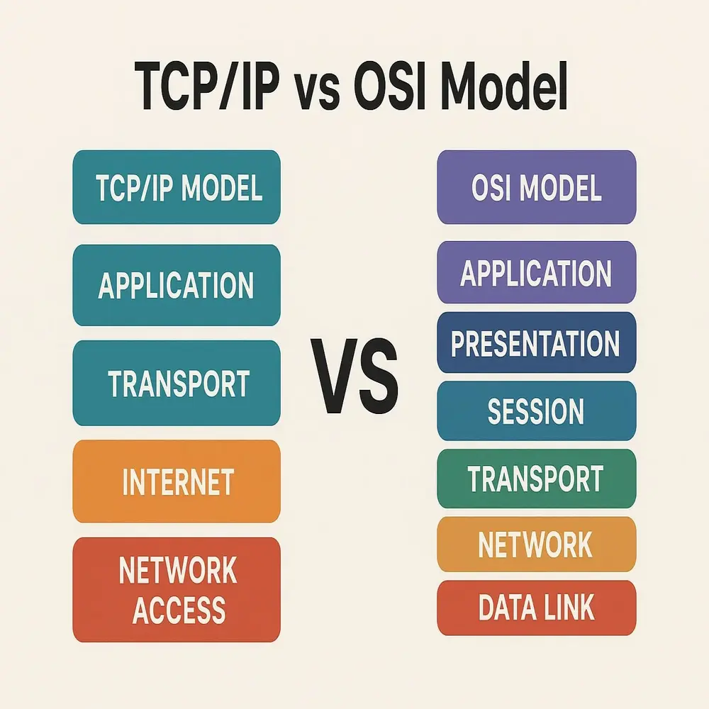 Side-by-side comparison of TCP/IP and OSI model layers with a “VS” in the center. 