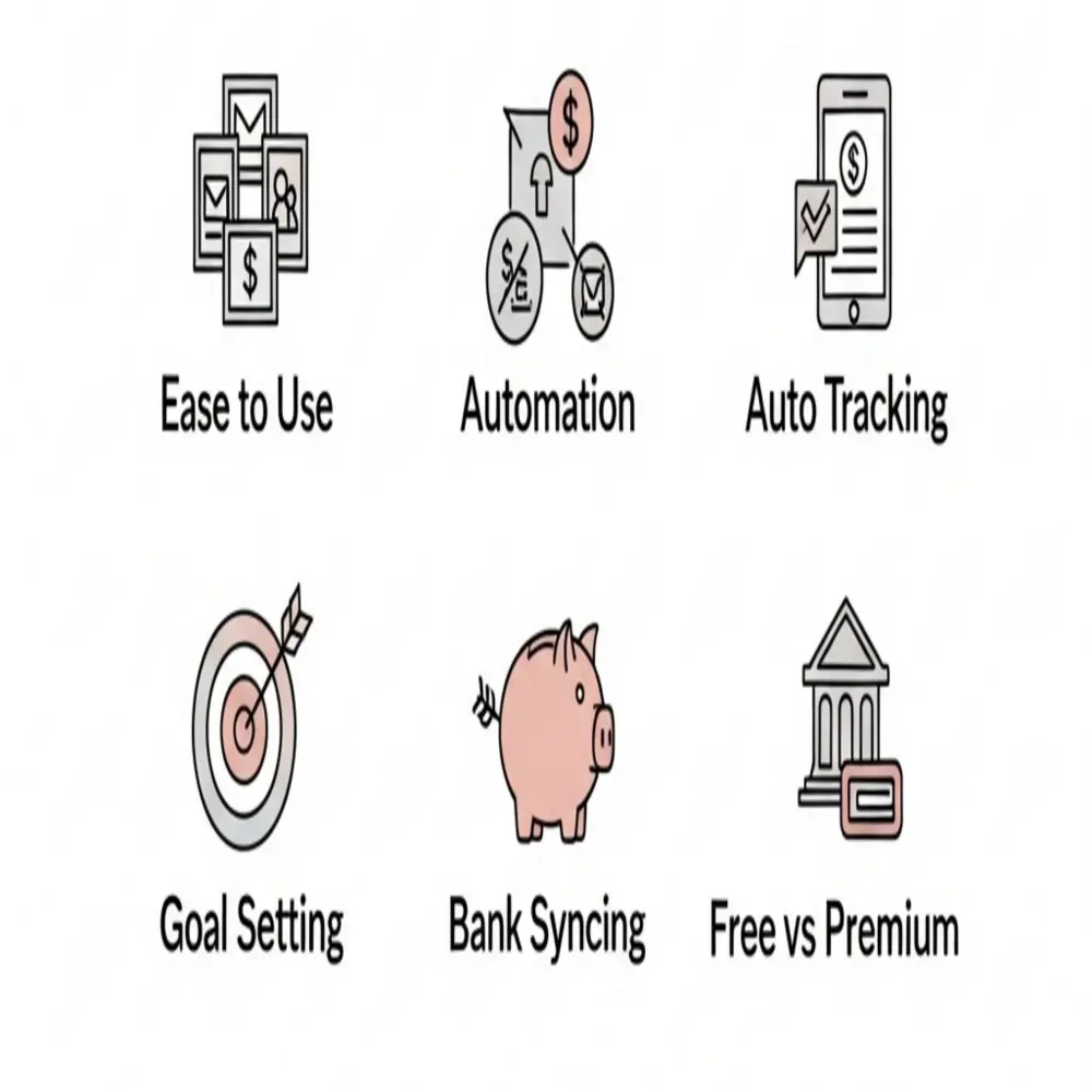 Illustration showing key features to look for in a budgeting app: ease of use, automation and others