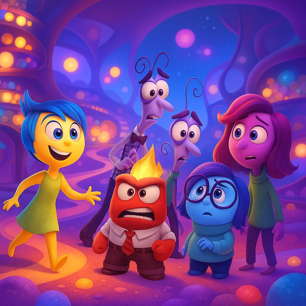 Colorful abstract scene representing animated emotion characters in a glowing mind world, inspired by Inside Out 2.