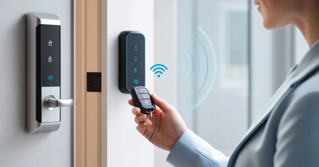 Person using Instafob key fob to unlock a smart door