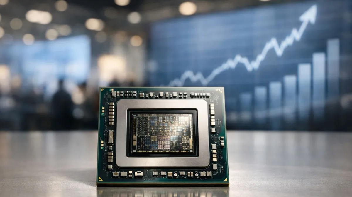 Intel 18A laptop chips shown with rising stock market visuals at CES 2026, reflecting investor confidence and Intel share price growth