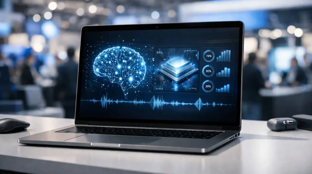 Intel Core Ultra Series 3 laptop displayed at a technology showcase highlighting AI performance