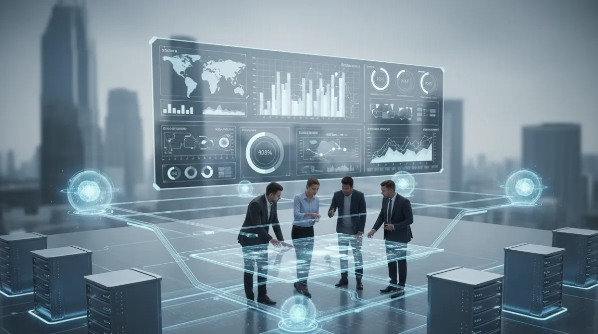 Editorial visual of interconnected cloud infrastructure showing server clusters, data pipelines, vector retrieval nodes, monitoring dashboards, and a small team collaborating in a modern data environment