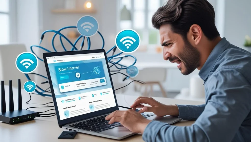 Frustrated man facing slow internet on laptop, surrounded by tangled cables and weak Wi-Fi signals, representing internet chocks and connection issues.