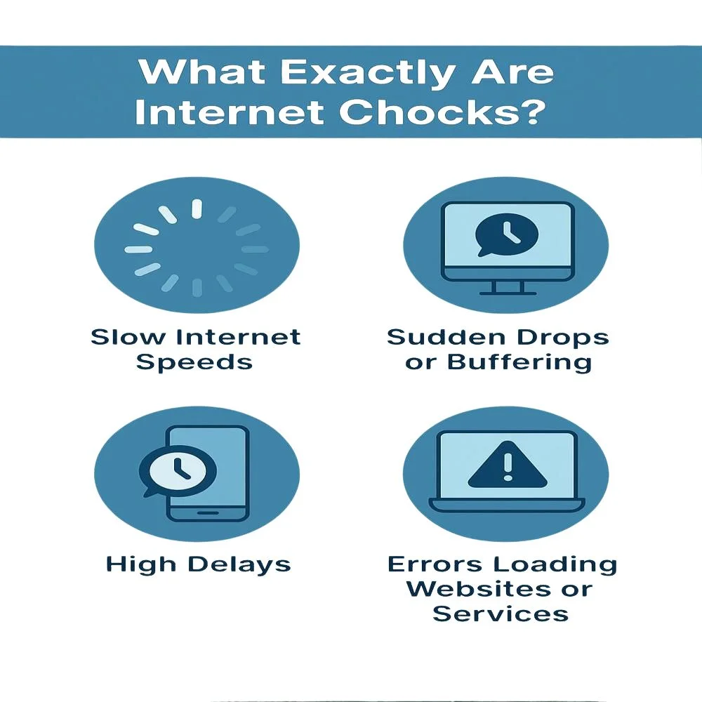 nfographic explaining what internet chocks are, showing common issues like slow speed, buffering, disconnections, and delays in a clear, bold layout.