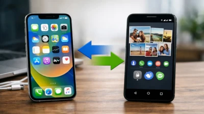 iPhone and Android smartphone placed side by side on wooden desk with soft natural studio lighting