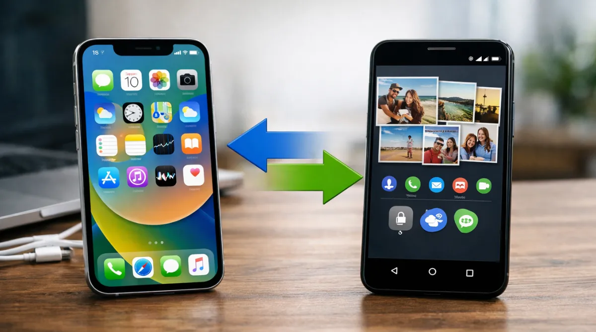 iPhone and Android smartphone placed side by side on wooden desk with soft natural studio lighting