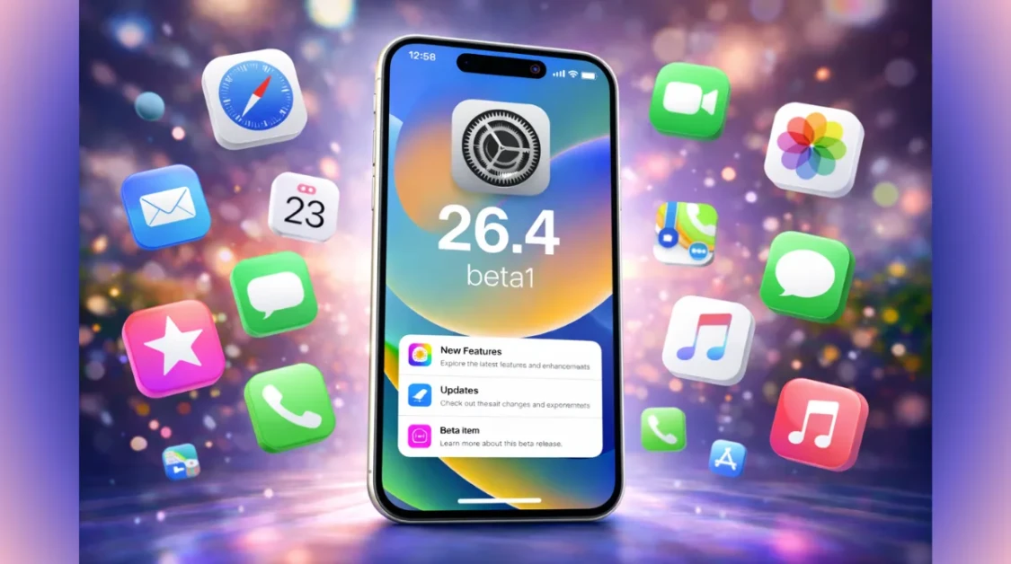 iPhone showing iOS 26.4 beta 1 update screen with floating iOS app icons on a colorful bokeh background.