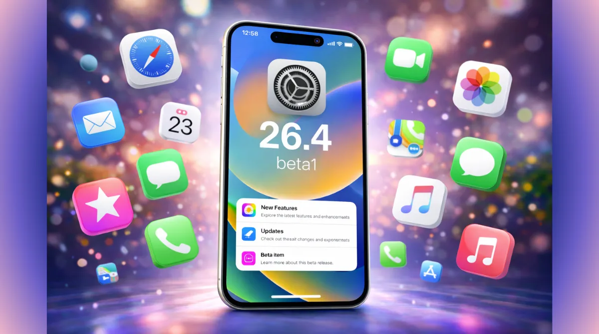 iPhone showing iOS 26.4 beta 1 update screen with floating iOS app icons on a colorful bokeh background.