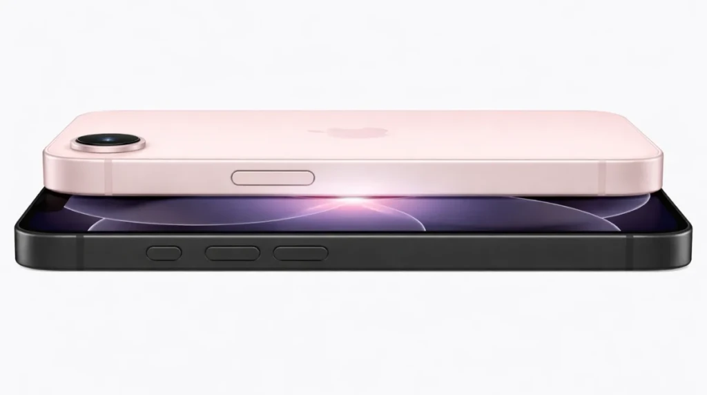 iPhone 17e stacked side profile showing soft pink and dark models on a clean white background