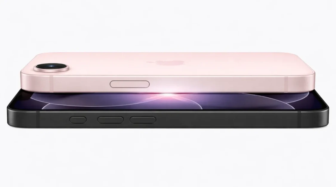 iPhone 17e stacked side profile showing soft pink and dark models on a clean white background