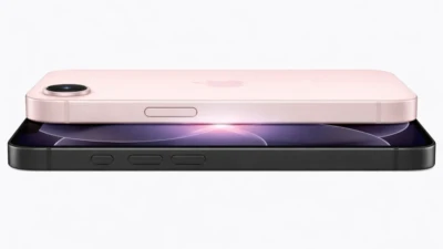 iPhone 17e stacked side profile showing soft pink and dark models on a clean white background