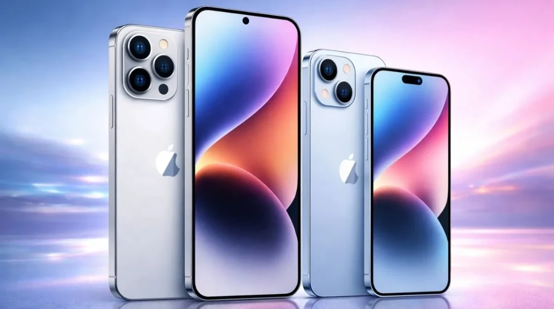 Landscape render showing iPhone 18 with a punch-hole display and iPhone Air 2 side by side in a futuristic gradient background, highlighting the rumored design changes.