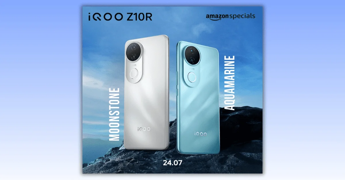"iQOO Z10R 5G smartphones in Moonstone and Aquamarine colors displayed on a mountain-themed background, highlighting the launch date 24.07 and Amazon Specials branding."