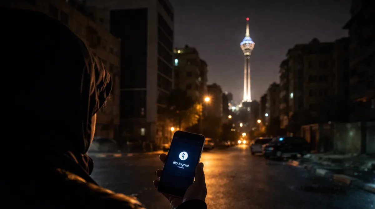 : A person in Tehran holds a phone with no signal on a dark city street during an internet blackout crisis.