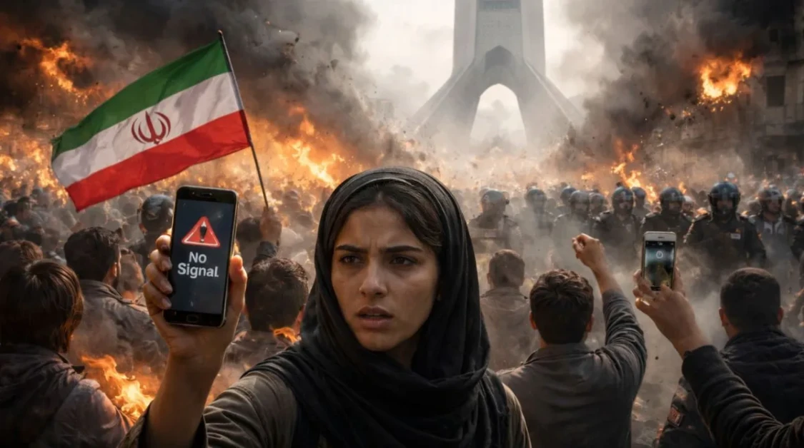 Protesters in Iran holding phones showing no signal during nationwide internet shutdown near Azadi Tower
