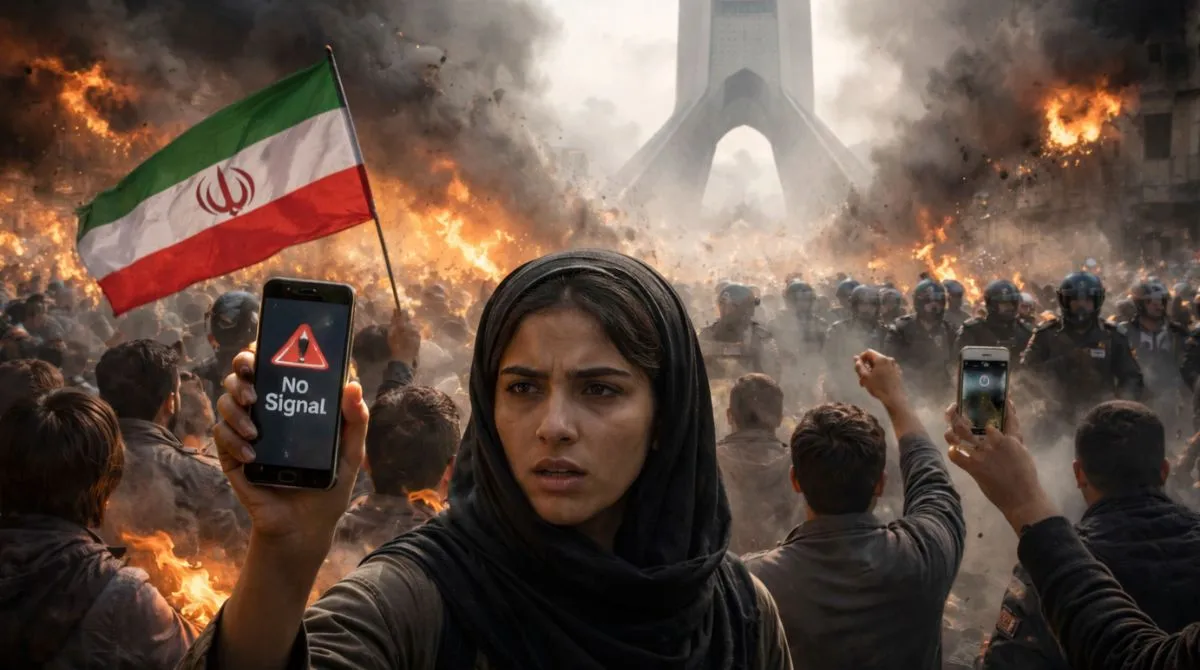 Protesters in Iran holding phones showing no signal during nationwide internet shutdown near Azadi Tower
