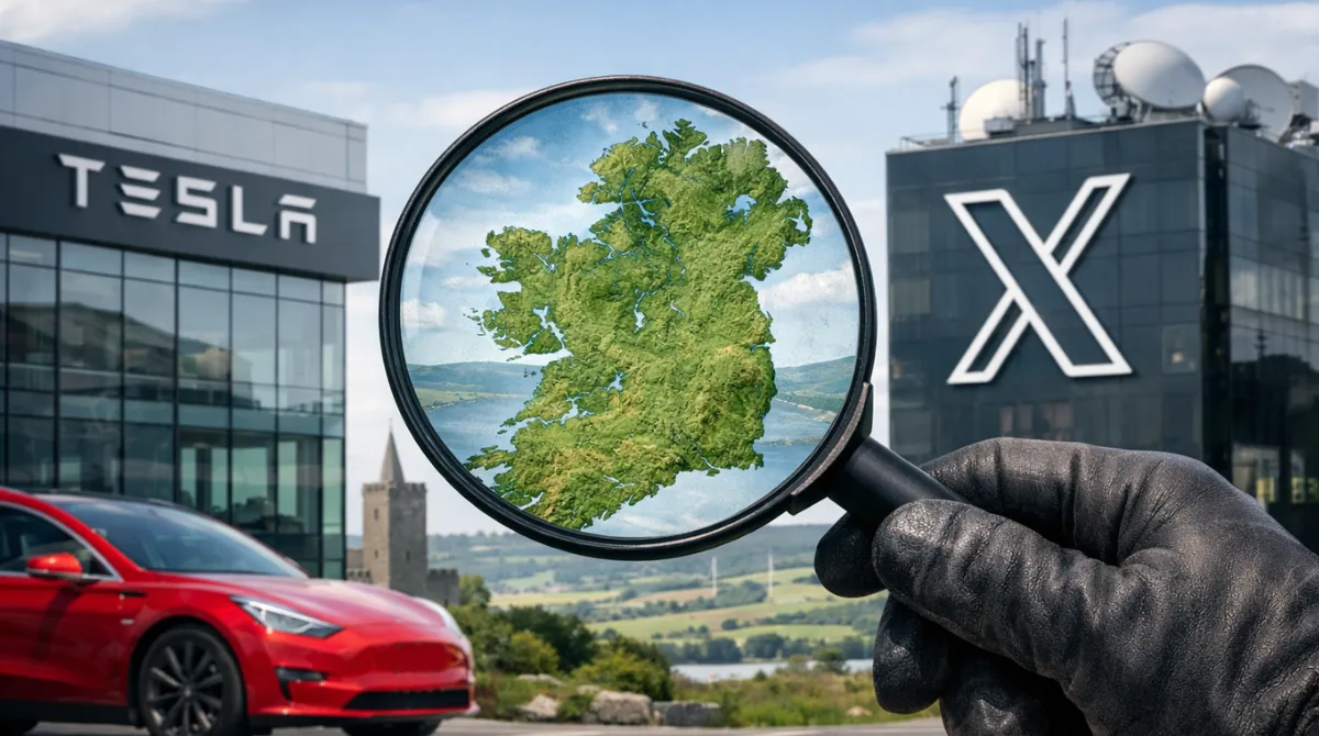 Magnifying glass over map of Ireland with tech offices in background representing Ireland Grok Privacy Investigation