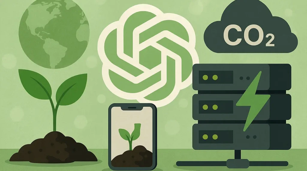 Illustration showing AI servers, CO₂ cloud, and plant growth with Earth icon.