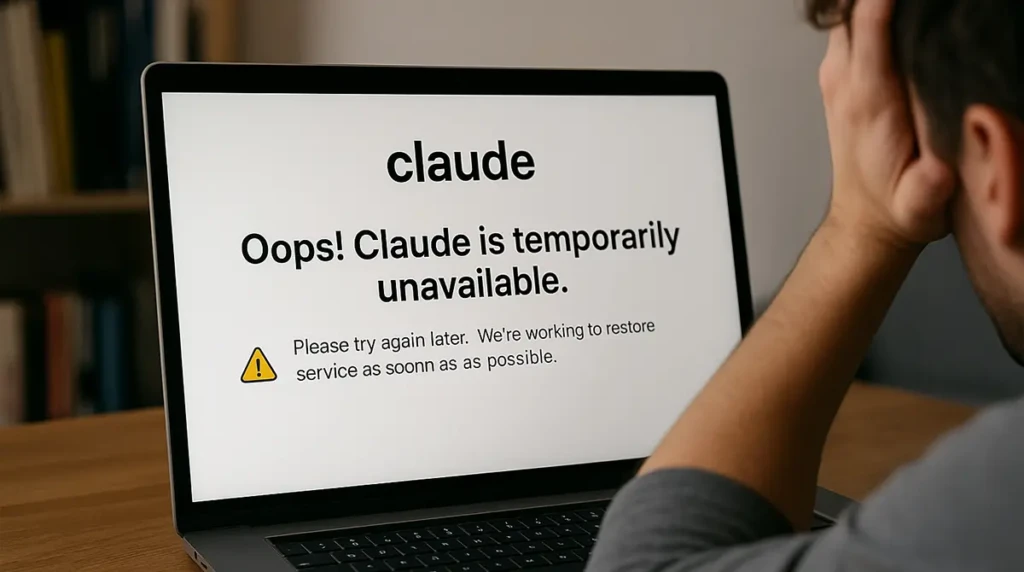 Laptop showing error screen with Claude AI temporarily unavailable.