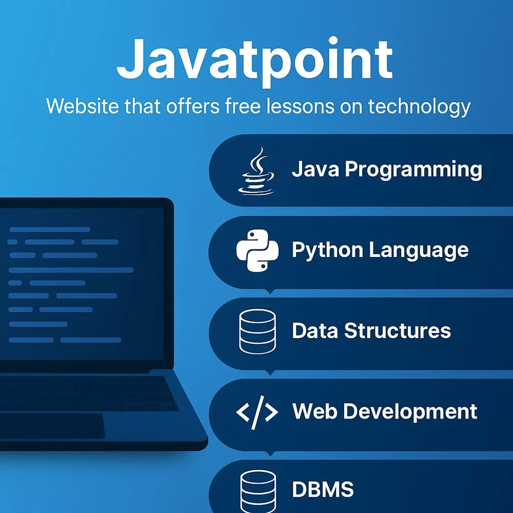 Javatpoint tech courses with icons and laptop.
