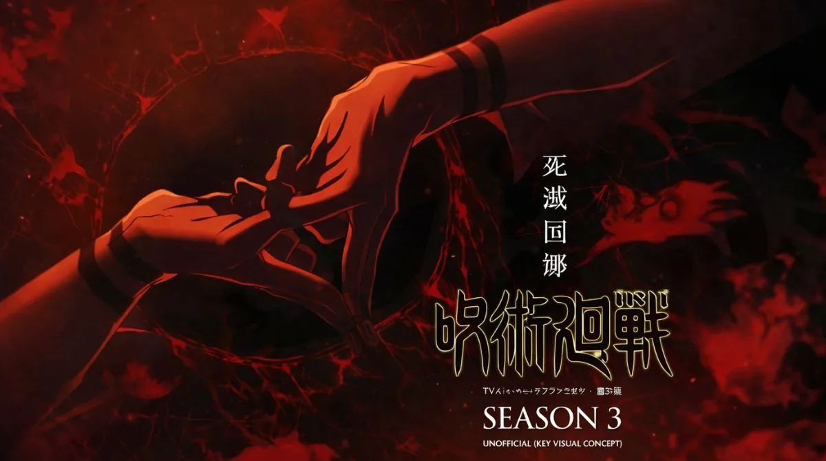 Dramatic Jujutsu Kaisen Season 3 key visual showing cursed technique hand signs glowing red, symbolizing the Shibuya Incident arc