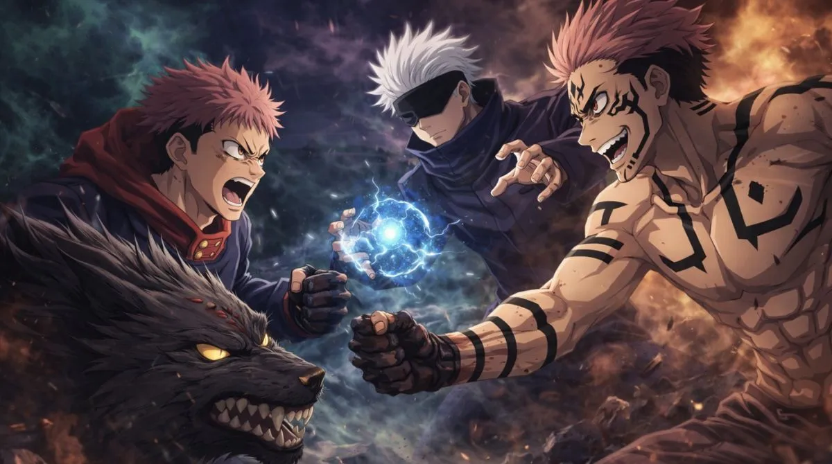 Megumi Fushiguro summons Divine Dogs shikigami during an intense battle scene in Jujutsu Kaisen anime