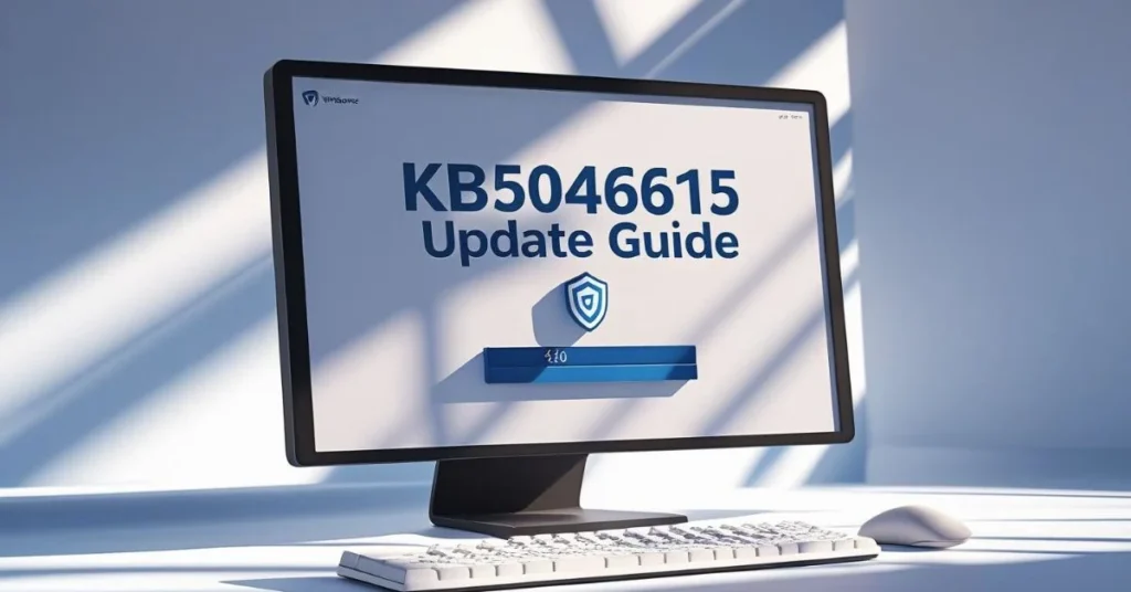 Monitor showing KB5046615 Update Guide with shield icon and progress bar.