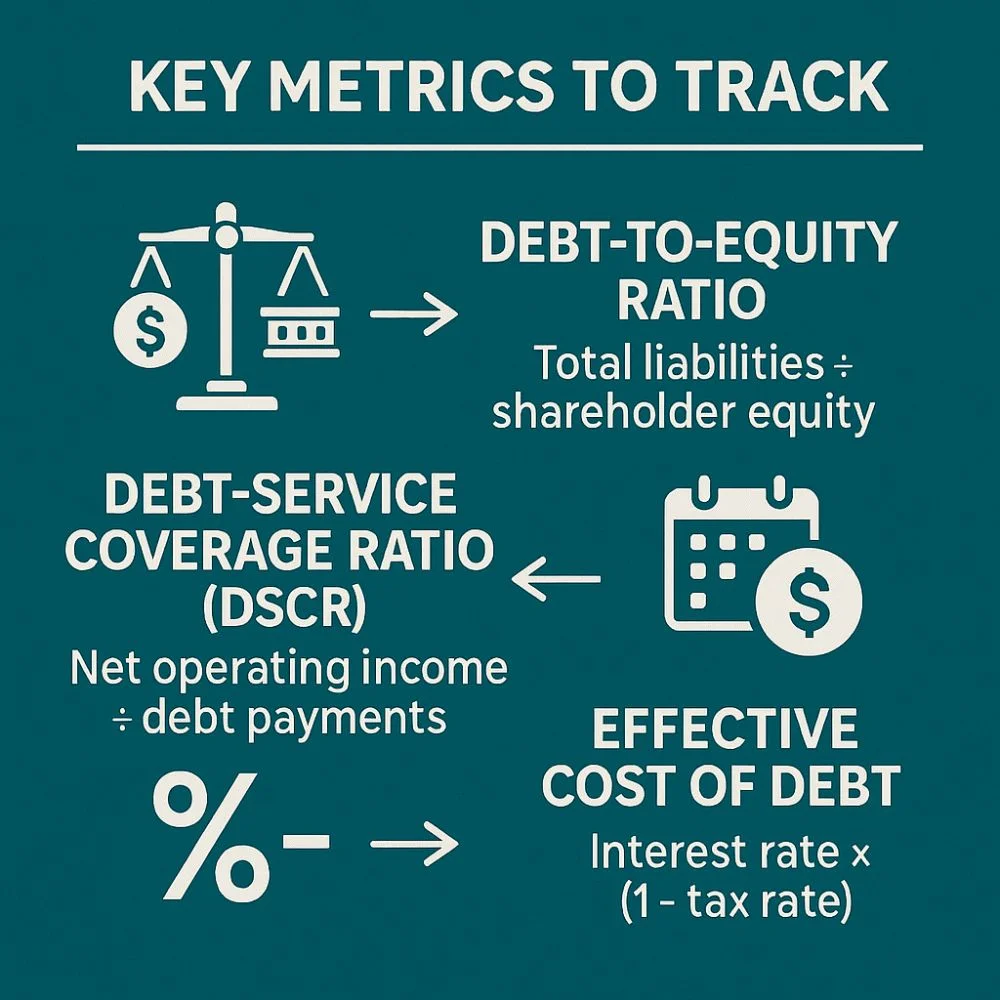 Infographic displaying key debt metrics with icons and arrows, including Debt-to-Equity Ratio, DSCR, and after-tax cost of debt.