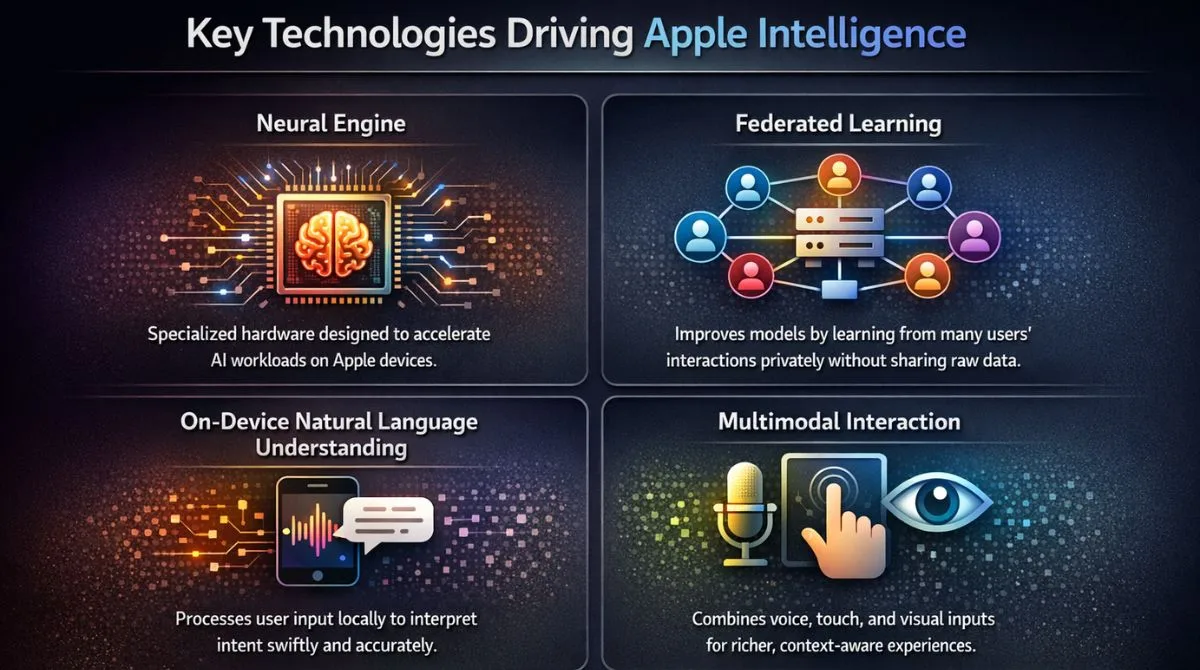 Infographic showing key technologies driving Apple Intelligence, including Neural Engine, federated learning, on-device language understanding, and multimodal interaction.