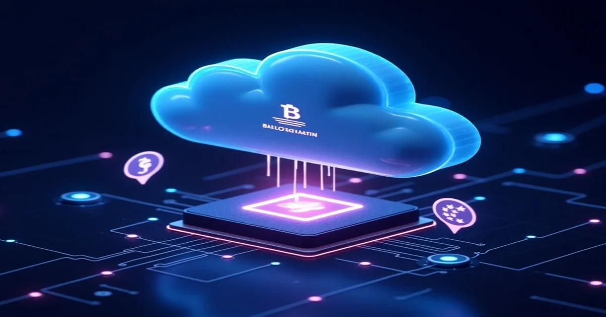 Glowing cloud over blockchain chip symbolizing $Kumo Crypto’s cloud-based ecosystem.