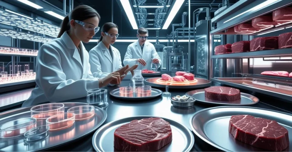 Scientists monitoring lab-grown meat production in bioreactors from cells to finished steaks