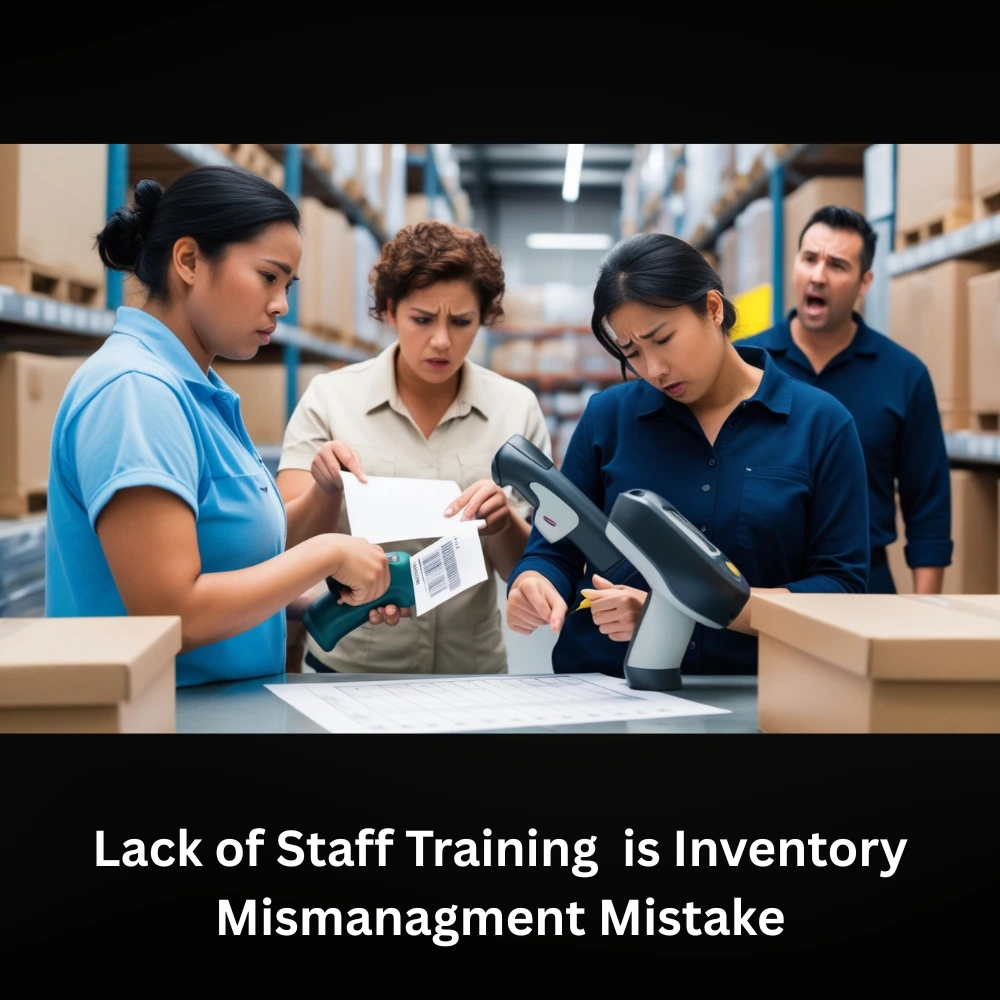 Untrained staff struggling with inventory tasks in a disorganized workplace