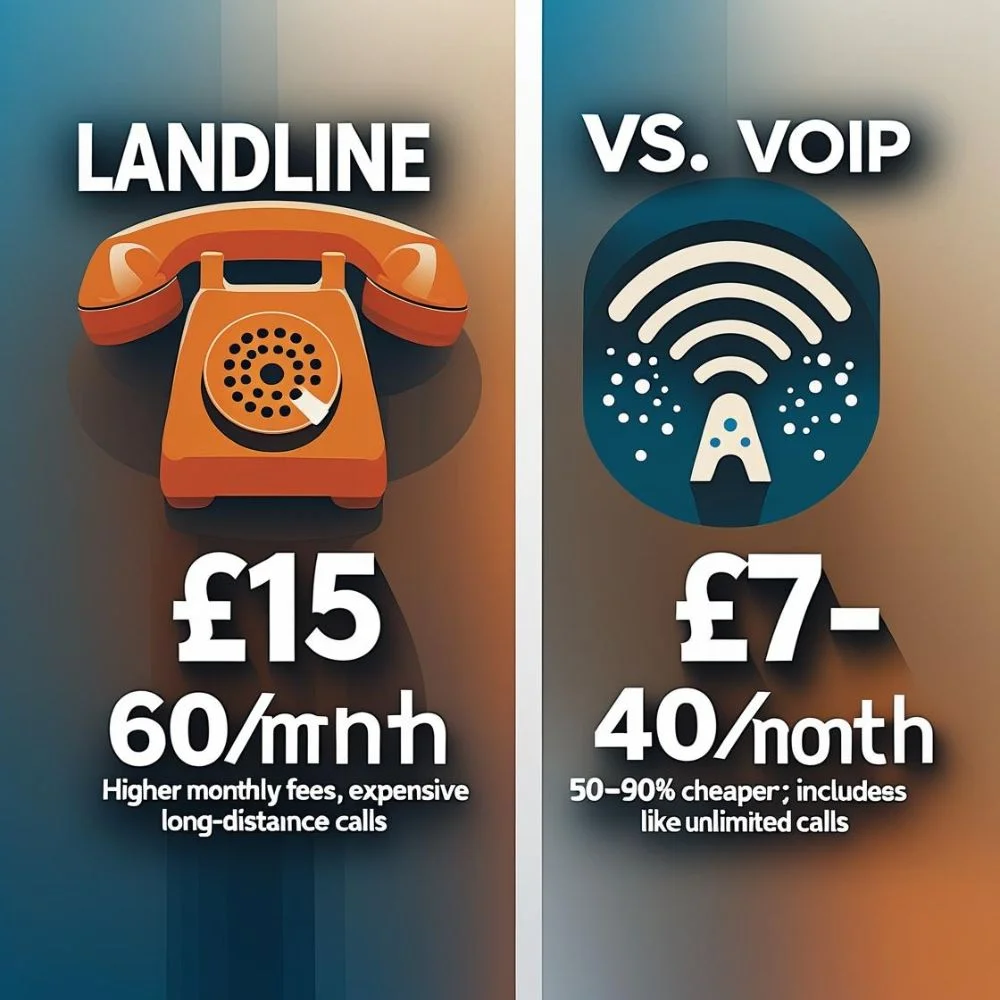 Infographic comparing landline and VoIP monthly costs with icons and price ranges.
