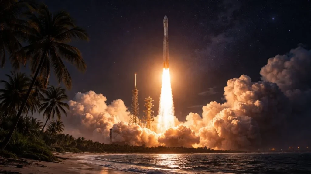 Late-night SpaceX rocket launch from Florida coastline illuminating the night sky during January liftoff