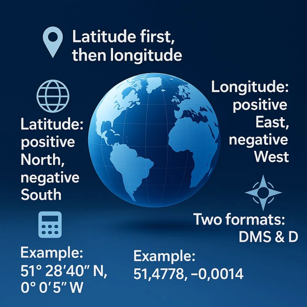 Educational infographic explaining latitude and longitude with examples in DMS and decimal degrees formats on a blue globe background.