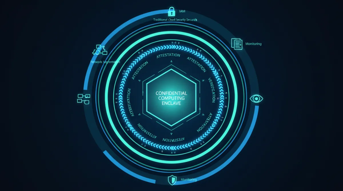 Layered security architecture diagram showing traditional cloud security controls as outer rings with IAM, network segmentation, and monitoring, and a confidential computing enclave as the protected inner core with attestation