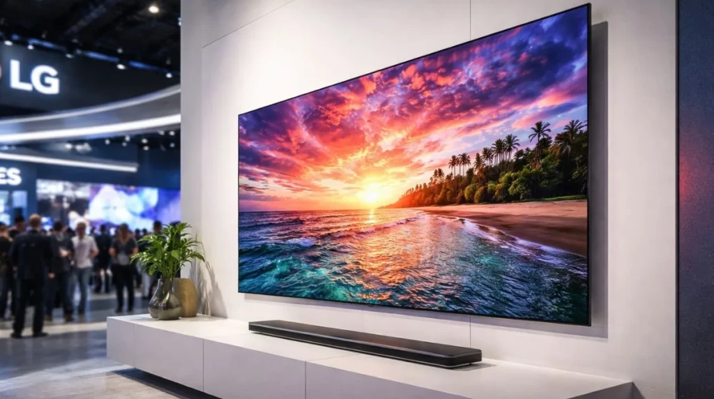 LG OLED evo W6 television displayed at CES 2026 highlighting its ultra-thin 9mm design and vibrant OLED picture quality