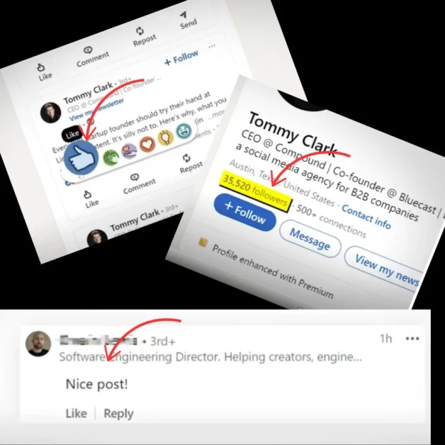 Collage of LinkedIn interface showing a like button, follower count, and a user comment highlighted with red arrows.