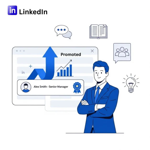 Illustration of a promoted LinkedIn professional with growth chart, profile badge, and engagement icons.