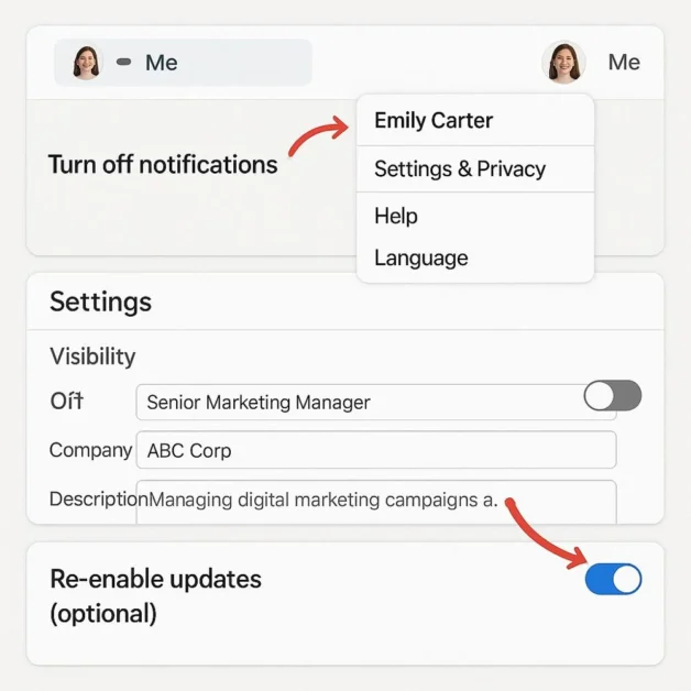 Step-by-step LinkedIn guide showing how to turn off notifications, update a promotion, and re-enable updates using clear visuals and arrows.