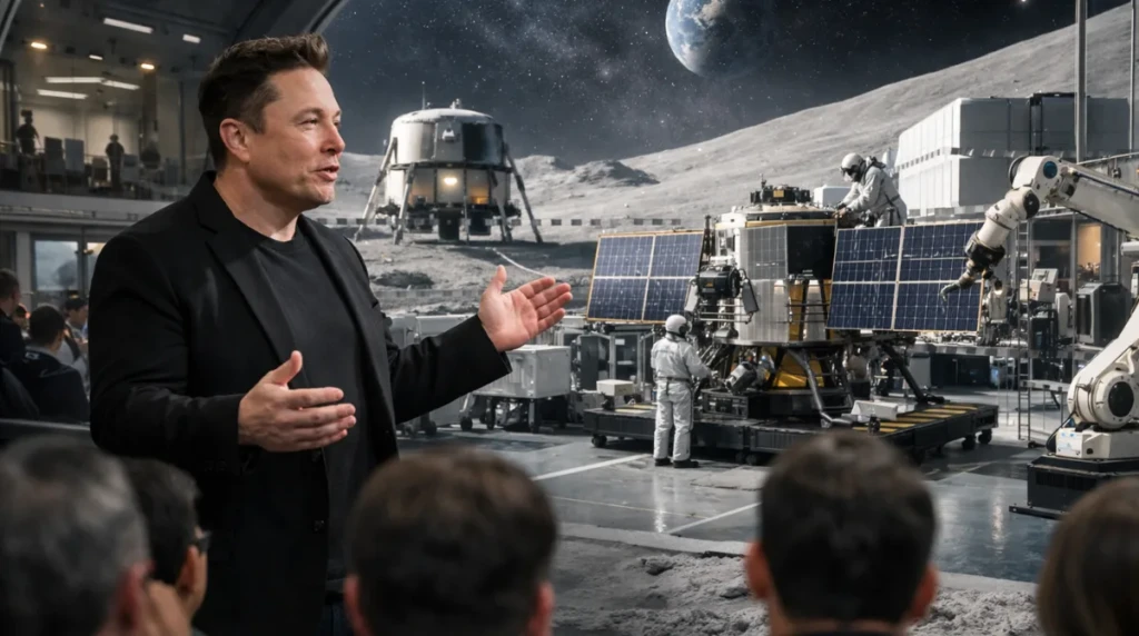 Elon Musk presenting Lunar AI Satellite Factory concept inside lunar facility