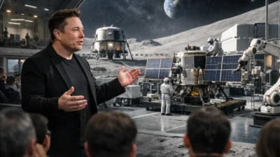 Elon Musk presenting Lunar AI Satellite Factory concept inside lunar facility