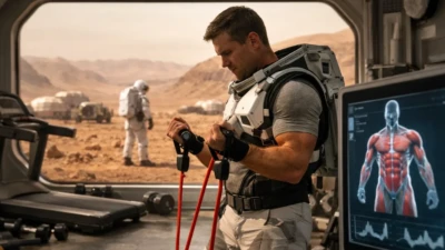 Astronaut exercising inside a Mars habitat while monitoring muscle health, with Martian landscape visible through the window