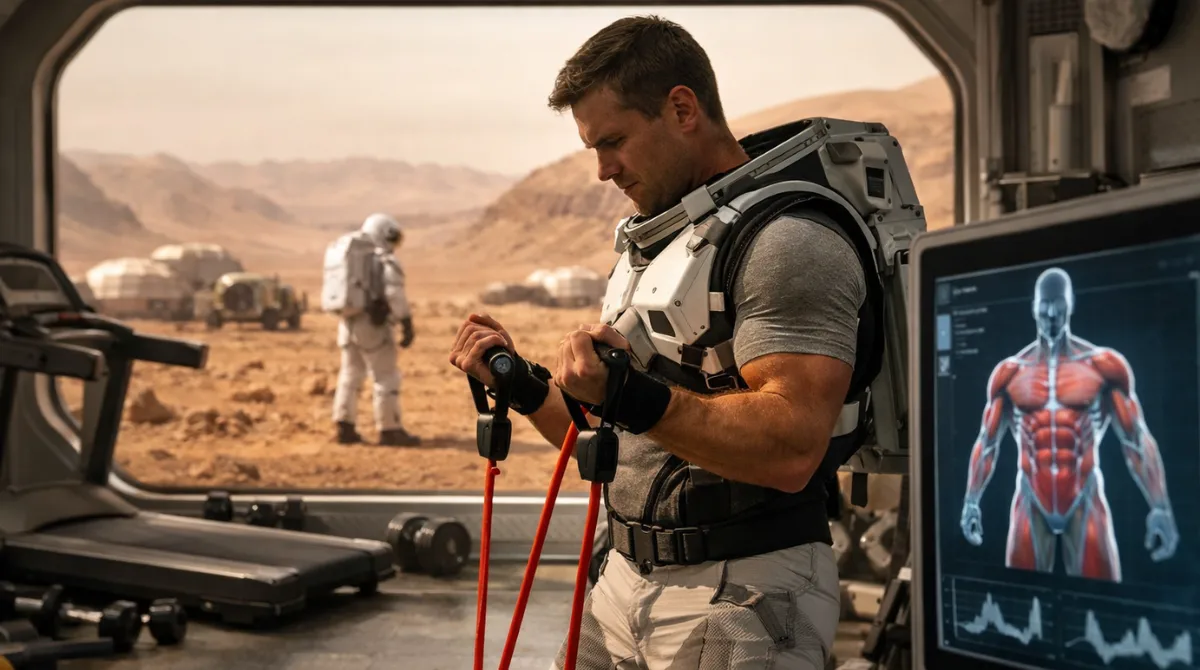 Astronaut exercising inside a Mars habitat while monitoring muscle health, with Martian landscape visible through the window