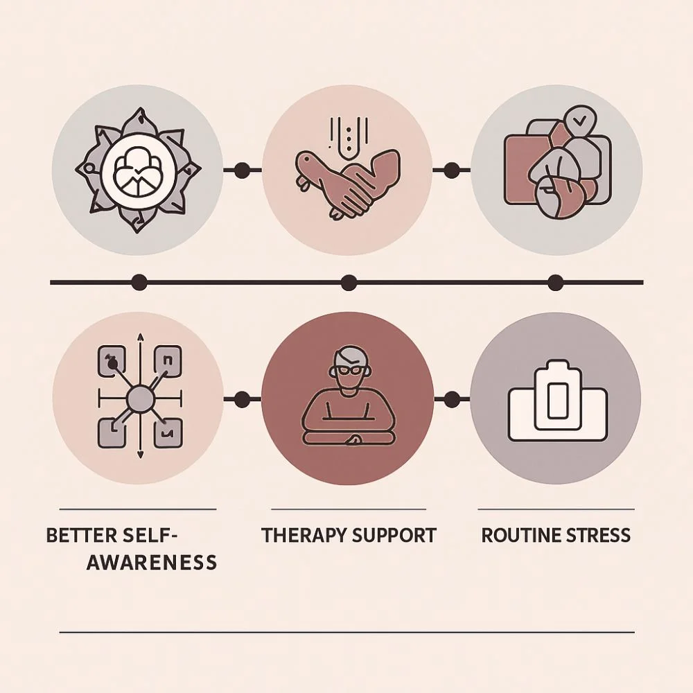 Infographic with 6 icons showing benefits like self-awareness, therapy support, and stress management.